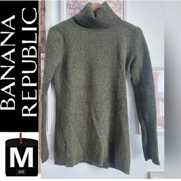 BR merino wool  medium ribbed turtleneck, olive green - Picture 1 of 11